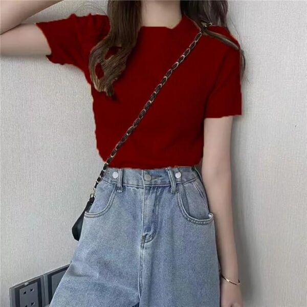 Can Plain Round Neck Rib Knit Regular Top for Women - Image 3